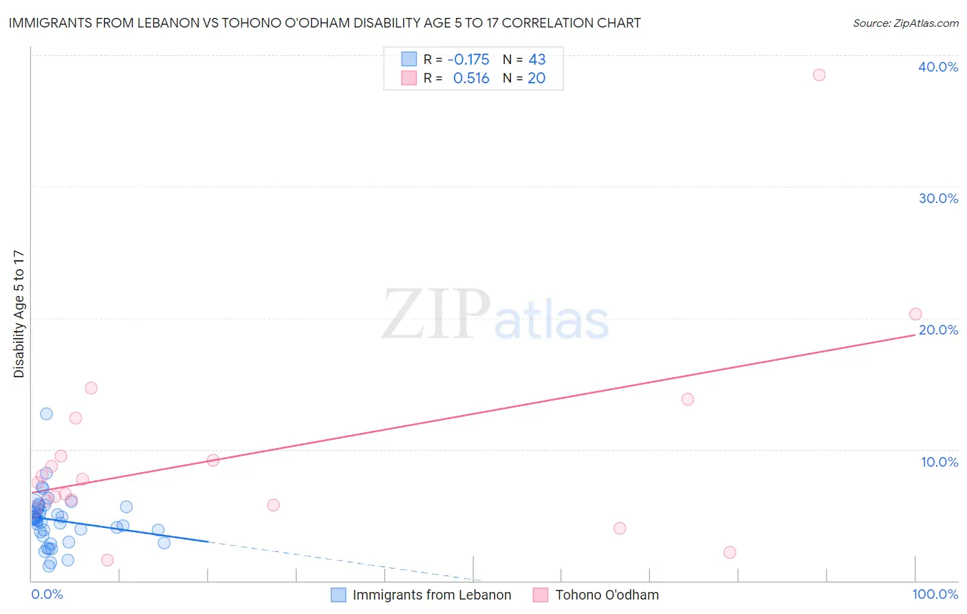 Immigrants from Lebanon vs Tohono O'odham Disability Age 5 to 17
