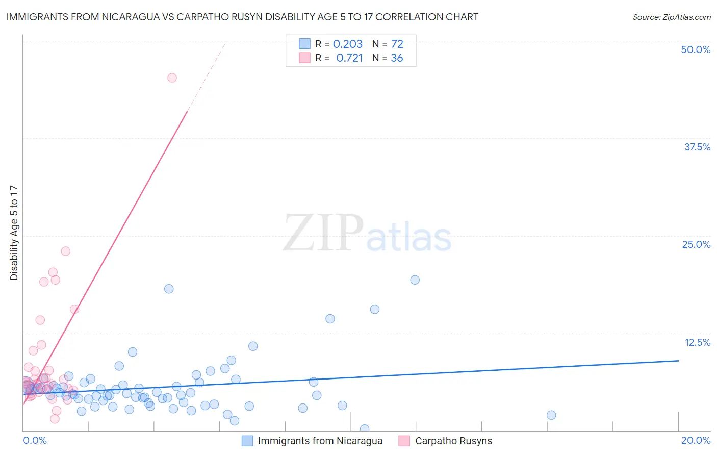 Immigrants from Nicaragua vs Carpatho Rusyn Disability Age 5 to 17