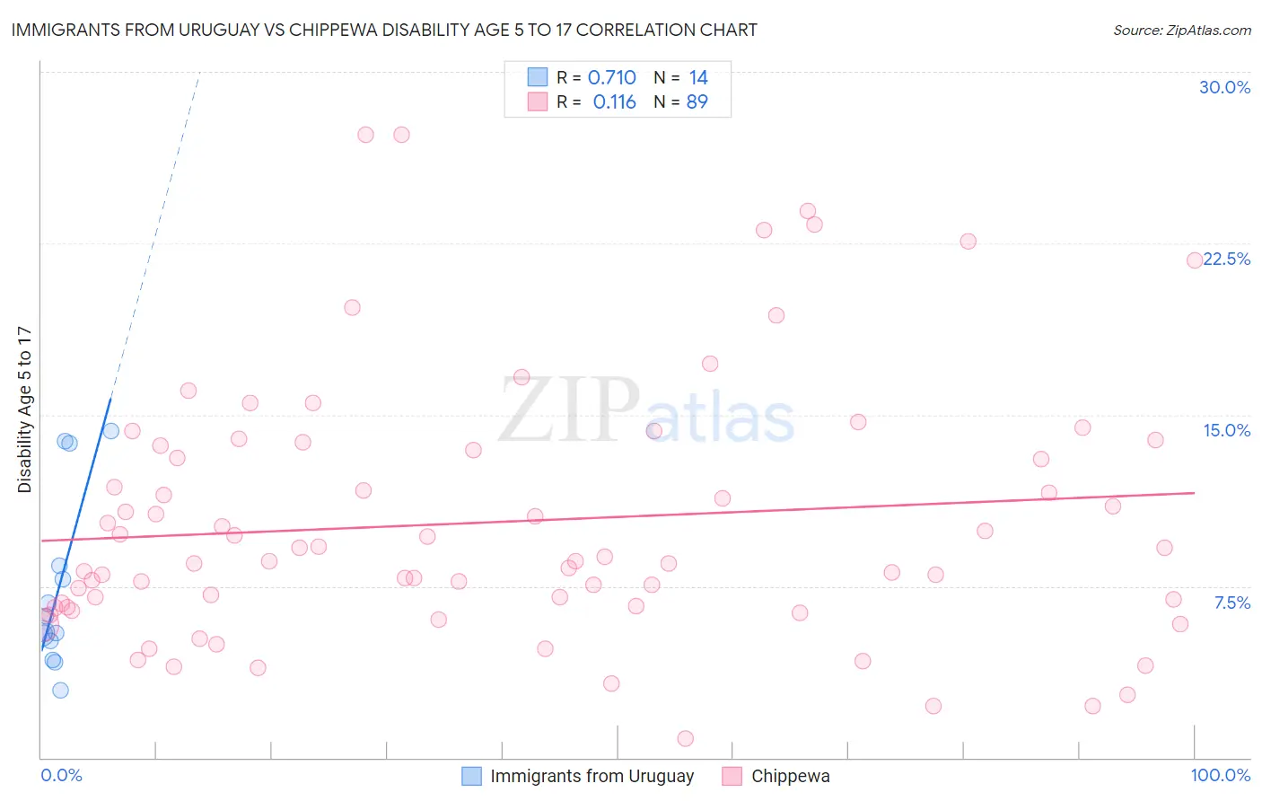 Immigrants from Uruguay vs Chippewa Disability Age 5 to 17