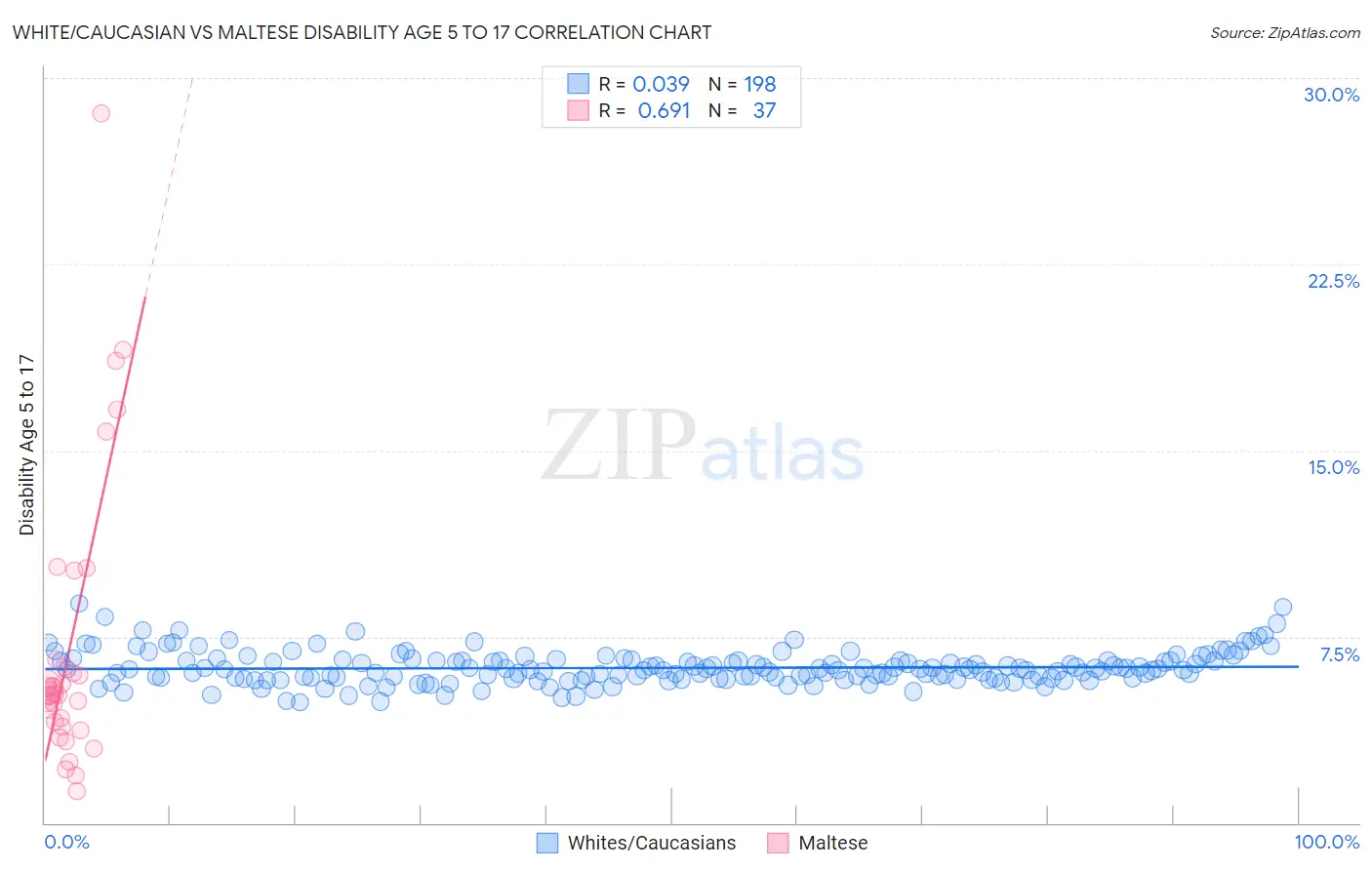 White/Caucasian vs Maltese Disability Age 5 to 17