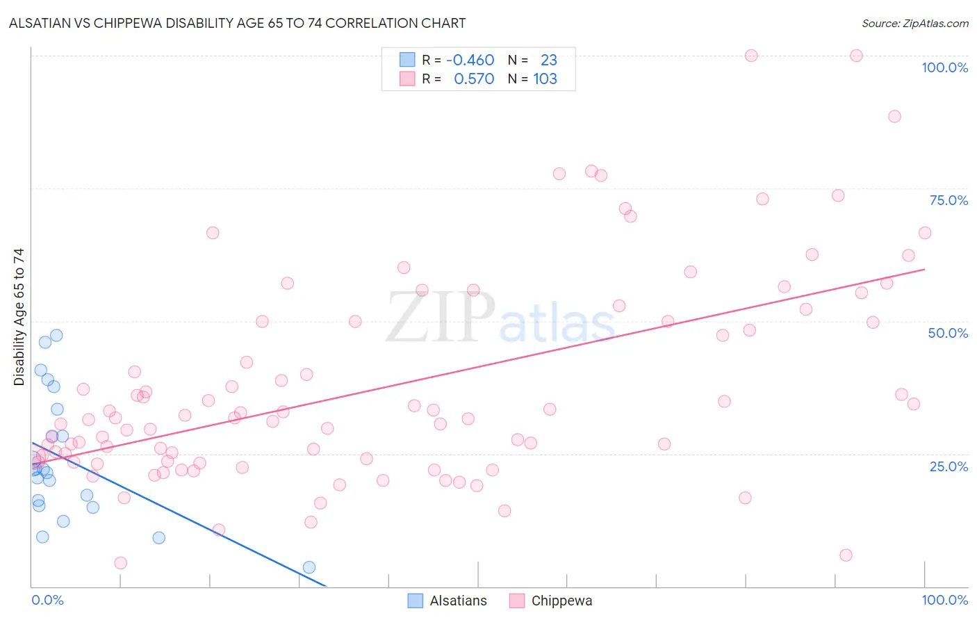 Alsatian vs Chippewa Disability Age 65 to 74