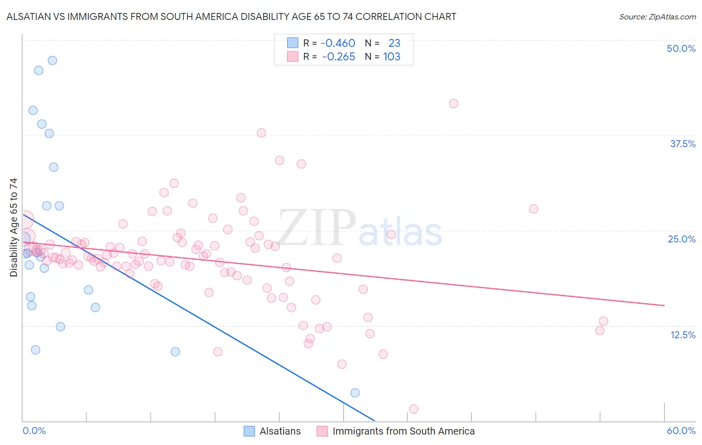 Alsatian vs Immigrants from South America Disability Age 65 to 74