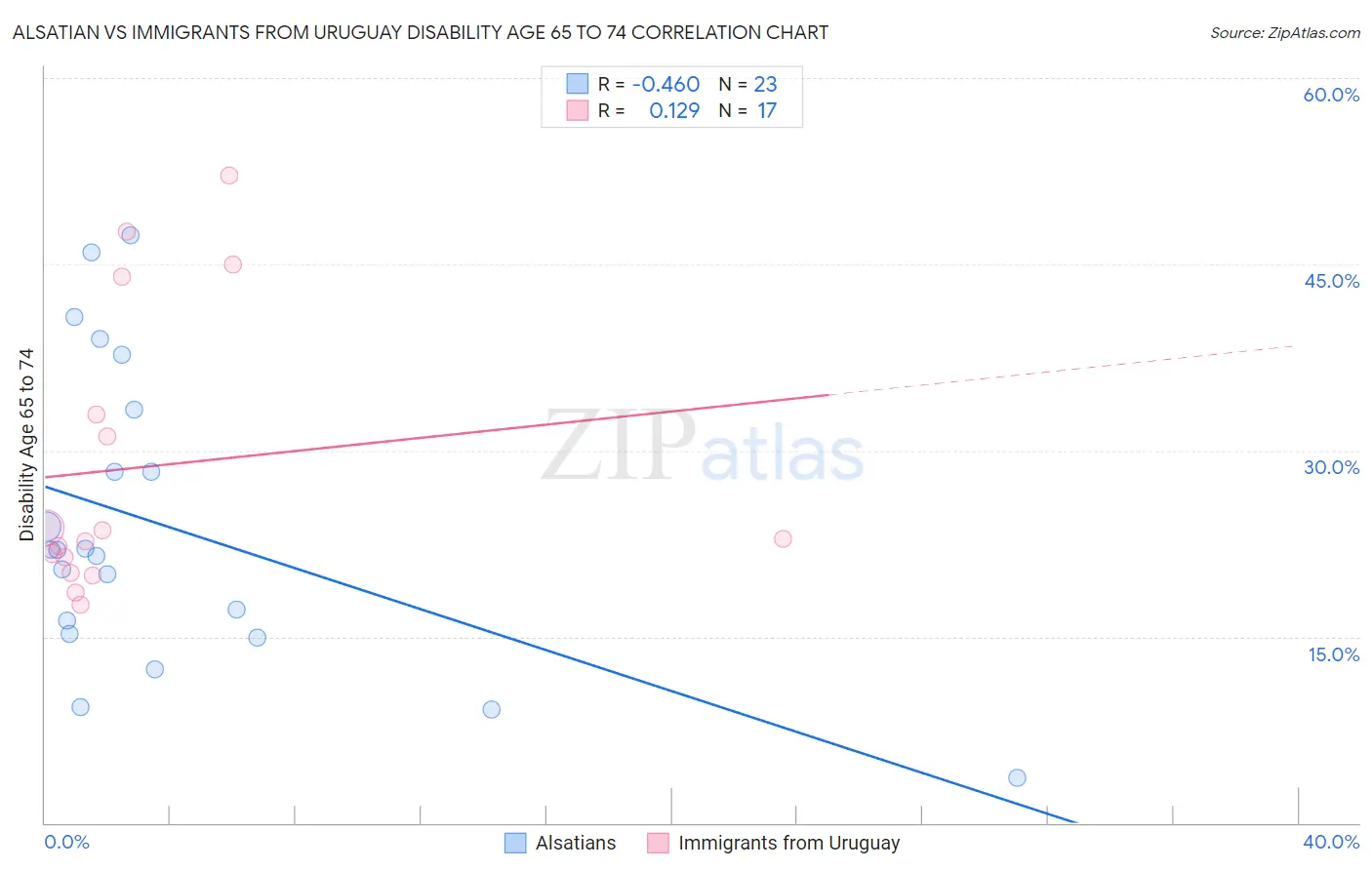 Alsatian vs Immigrants from Uruguay Disability Age 65 to 74