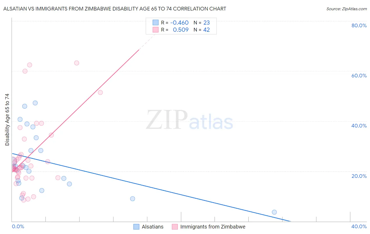 Alsatian vs Immigrants from Zimbabwe Disability Age 65 to 74