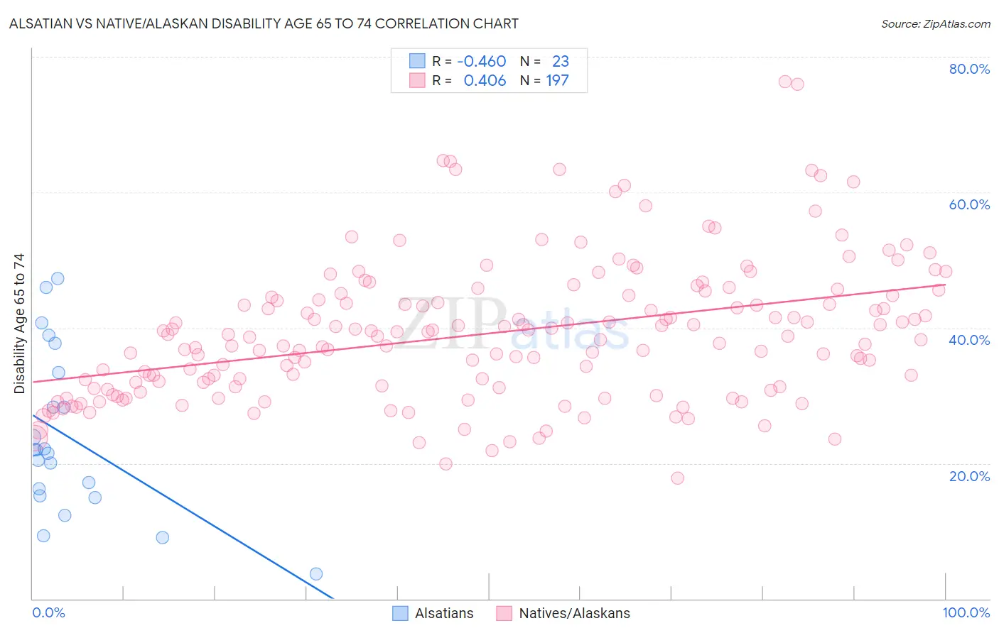 Alsatian vs Native/Alaskan Disability Age 65 to 74