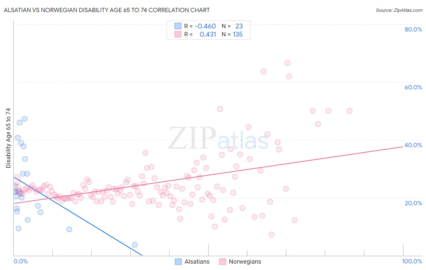 Alsatian vs Norwegian Disability Age 65 to 74