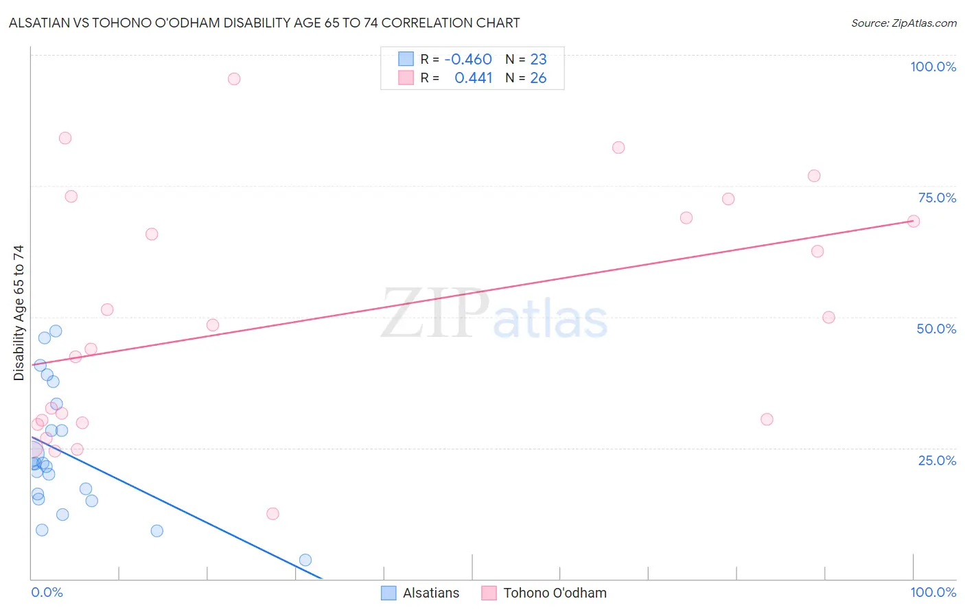 Alsatian vs Tohono O'odham Disability Age 65 to 74