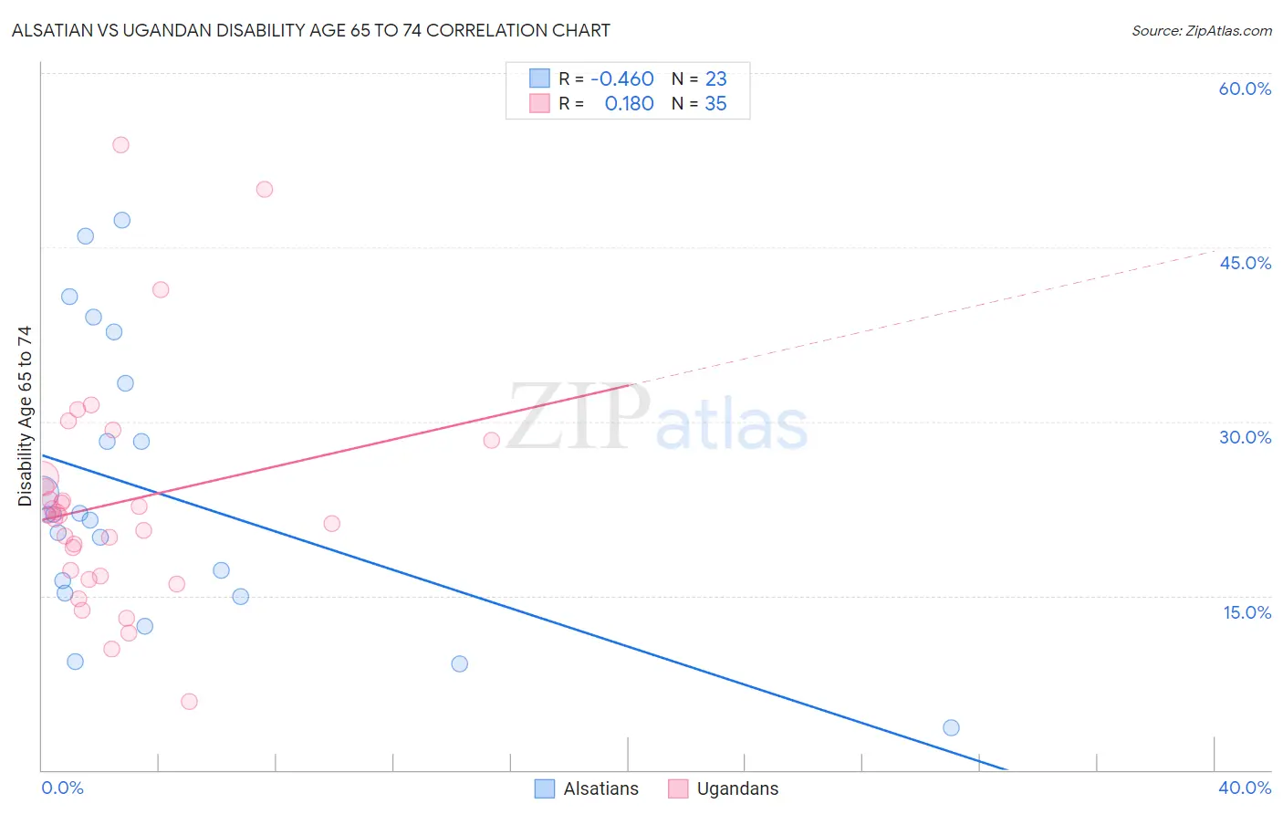 Alsatian vs Ugandan Disability Age 65 to 74