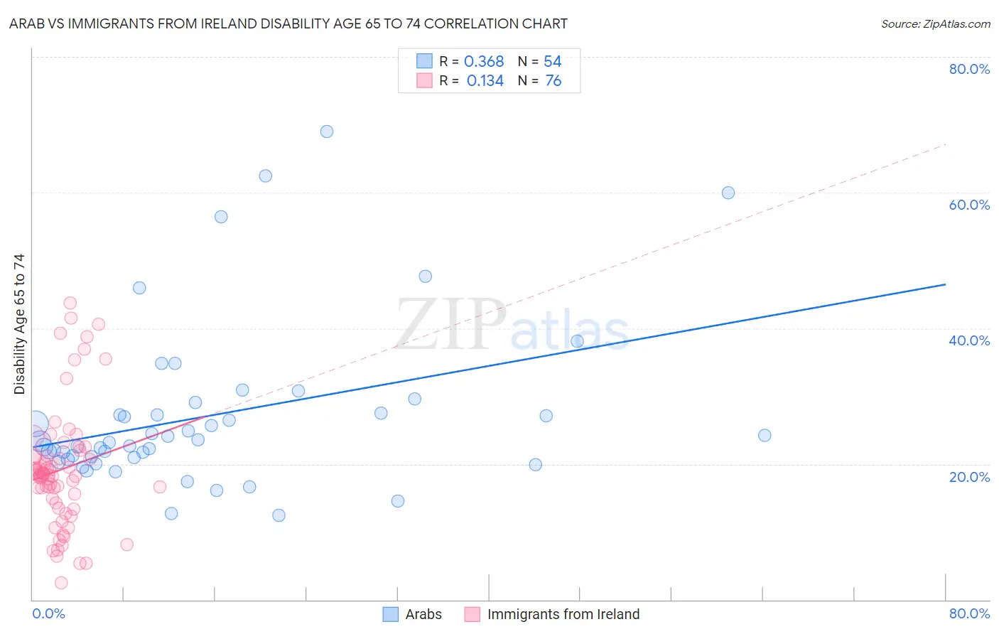 Arab vs Immigrants from Ireland Disability Age 65 to 74