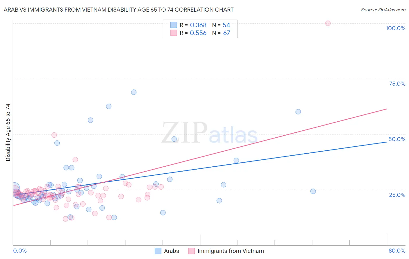 Arab vs Immigrants from Vietnam Disability Age 65 to 74