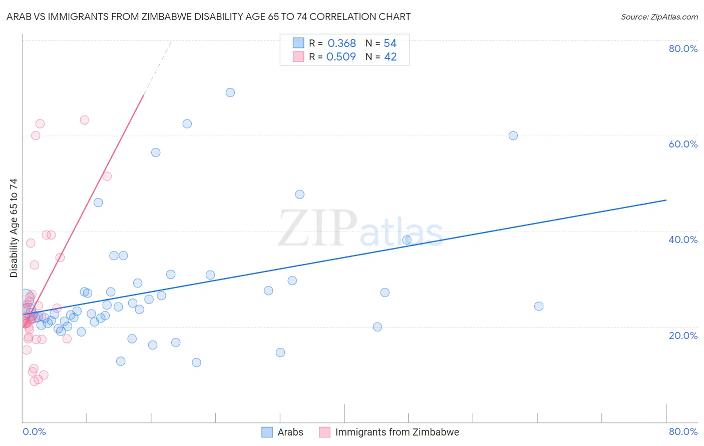 Arab vs Immigrants from Zimbabwe Disability Age 65 to 74