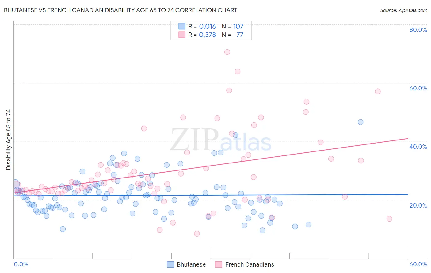Bhutanese vs French Canadian Disability Age 65 to 74