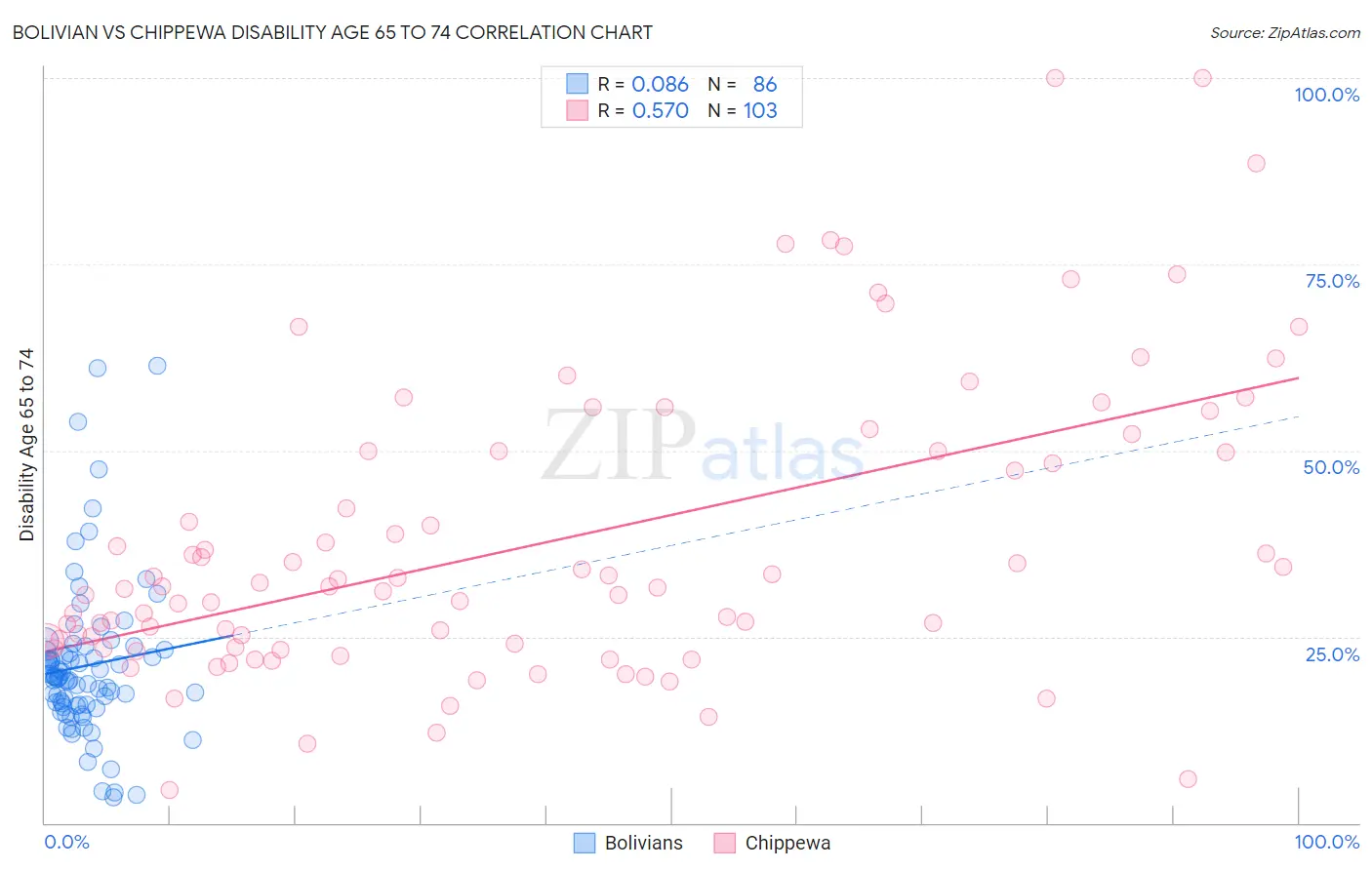 Bolivian vs Chippewa Disability Age 65 to 74