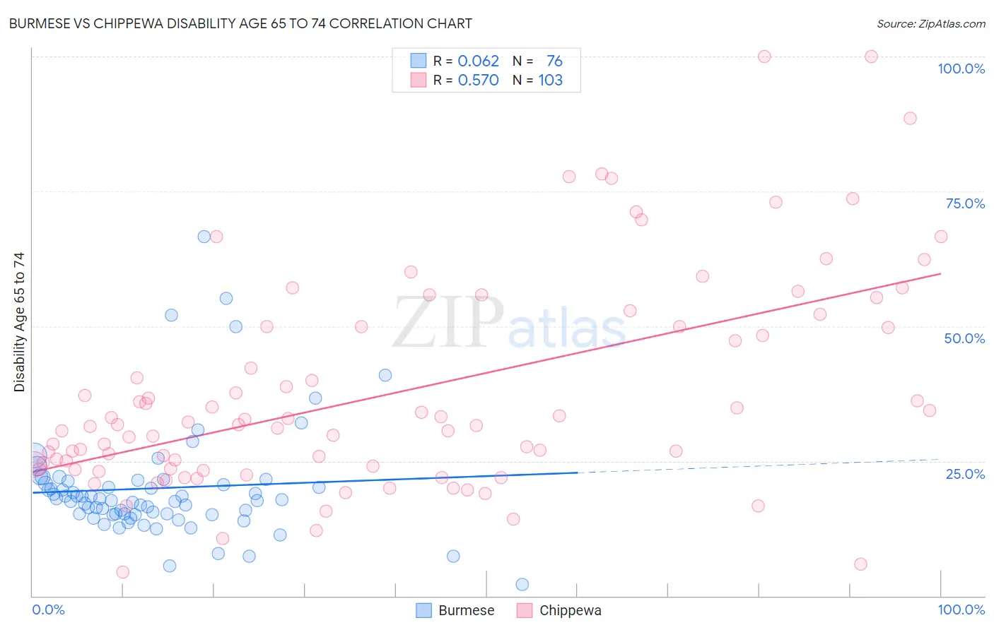 Burmese vs Chippewa Disability Age 65 to 74