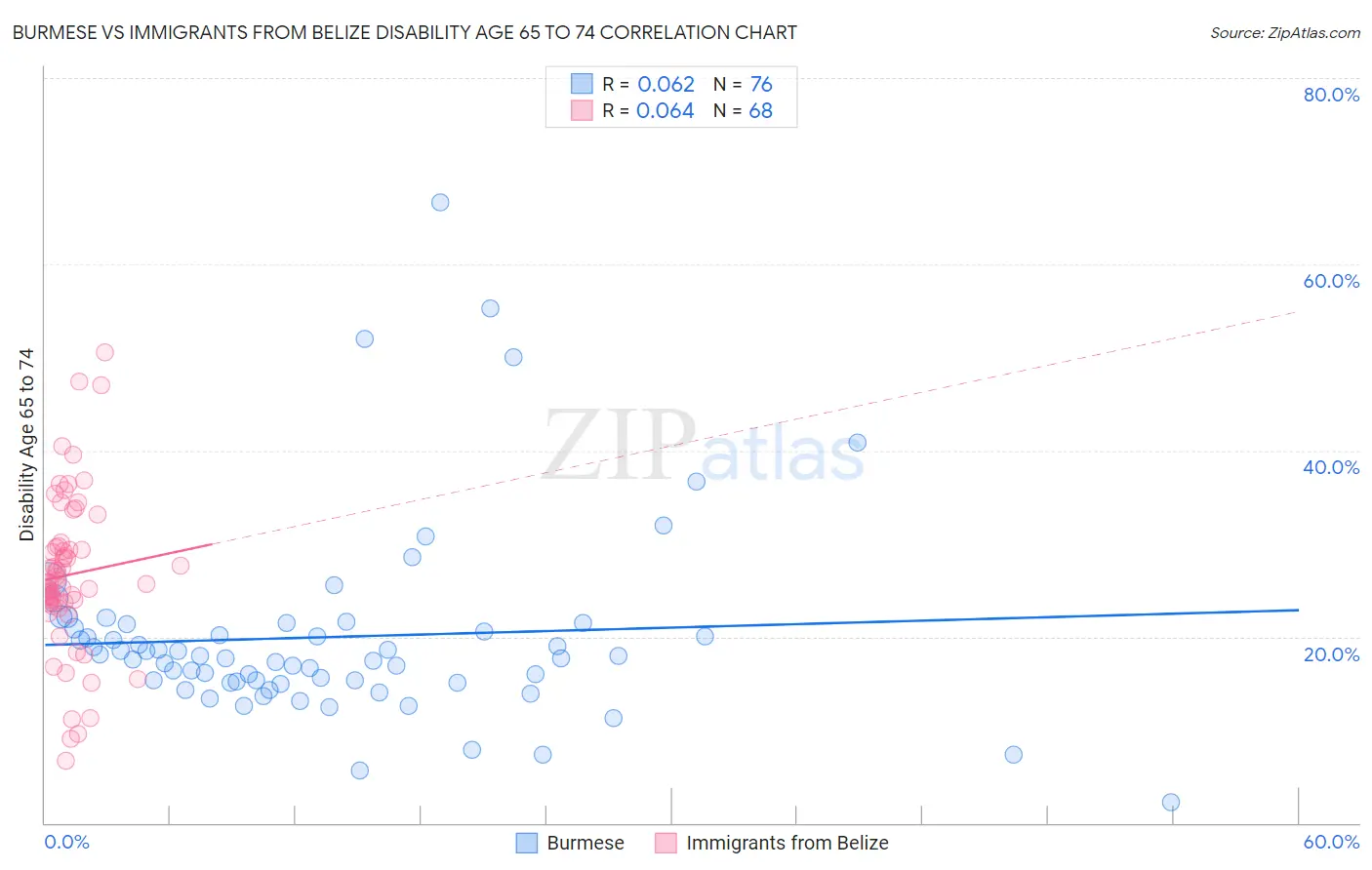 Burmese vs Immigrants from Belize Disability Age 65 to 74