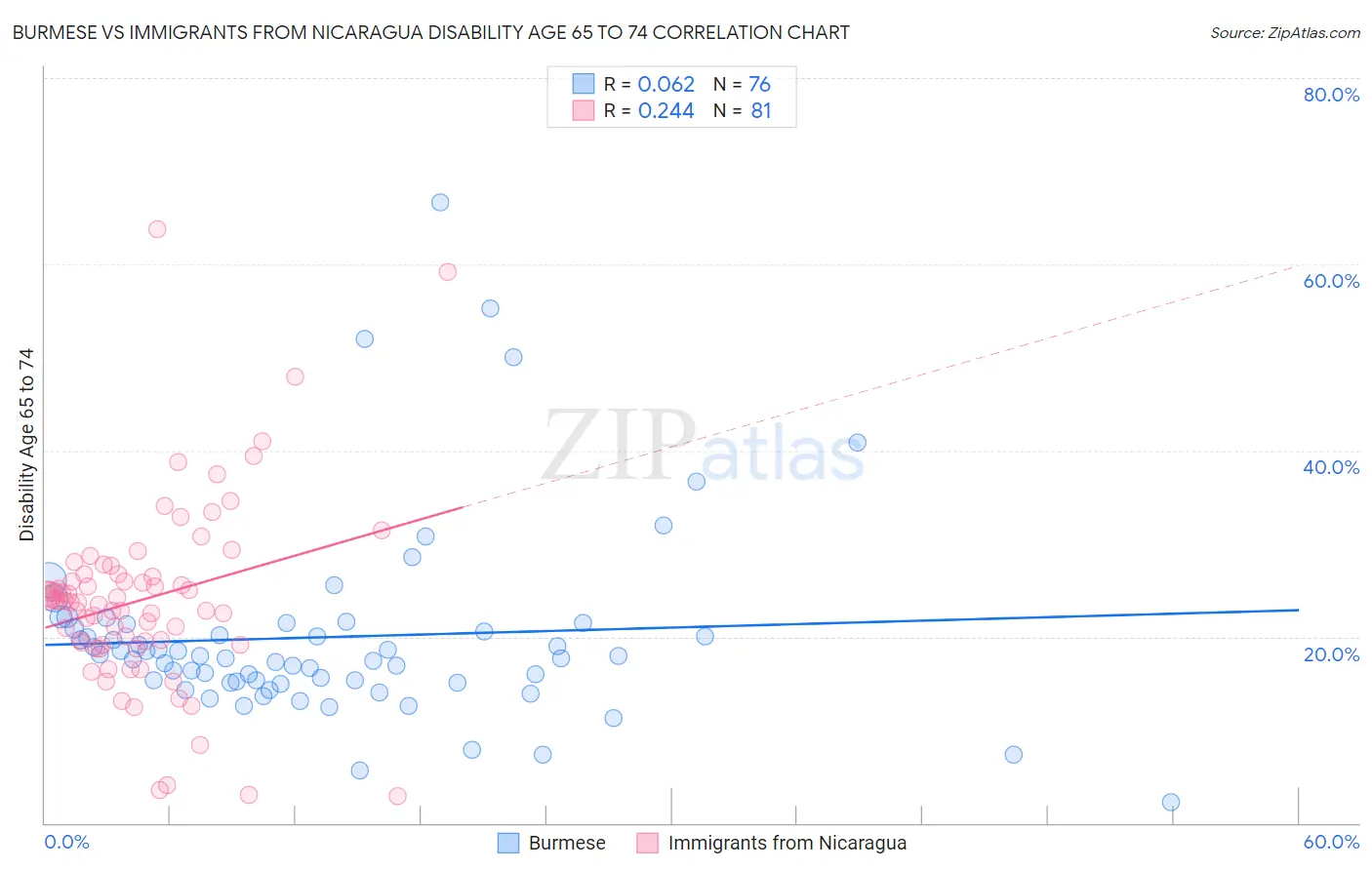 Burmese vs Immigrants from Nicaragua Disability Age 65 to 74