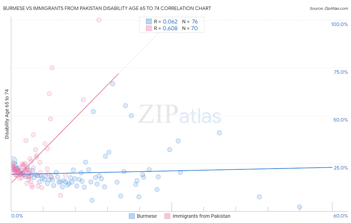 Burmese vs Immigrants from Pakistan Disability Age 65 to 74