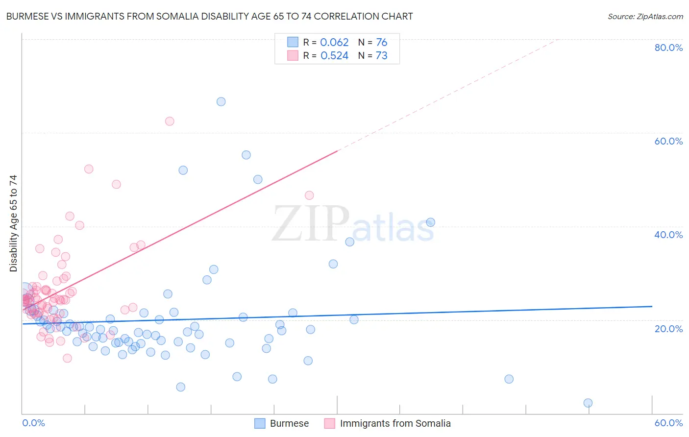 Burmese vs Immigrants from Somalia Disability Age 65 to 74