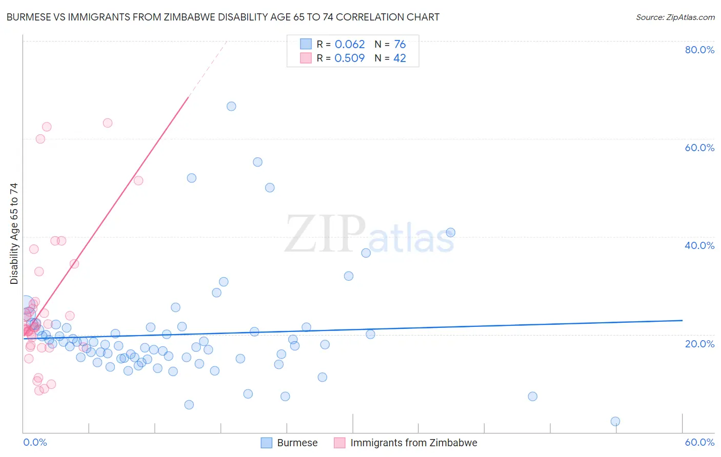 Burmese vs Immigrants from Zimbabwe Disability Age 65 to 74