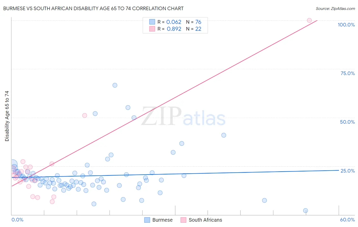 Burmese vs South African Disability Age 65 to 74