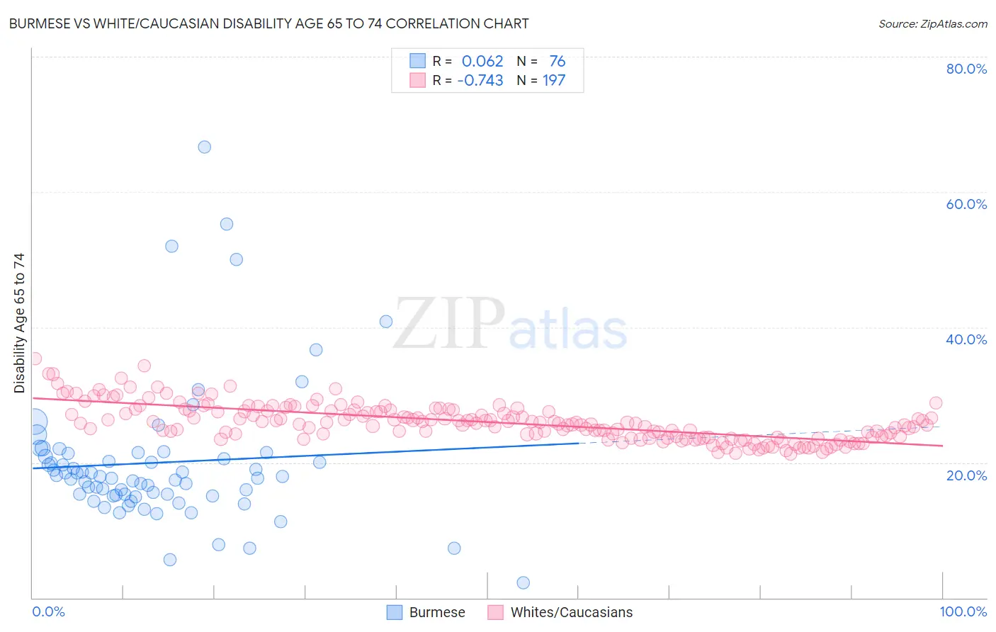 Burmese vs White/Caucasian Disability Age 65 to 74