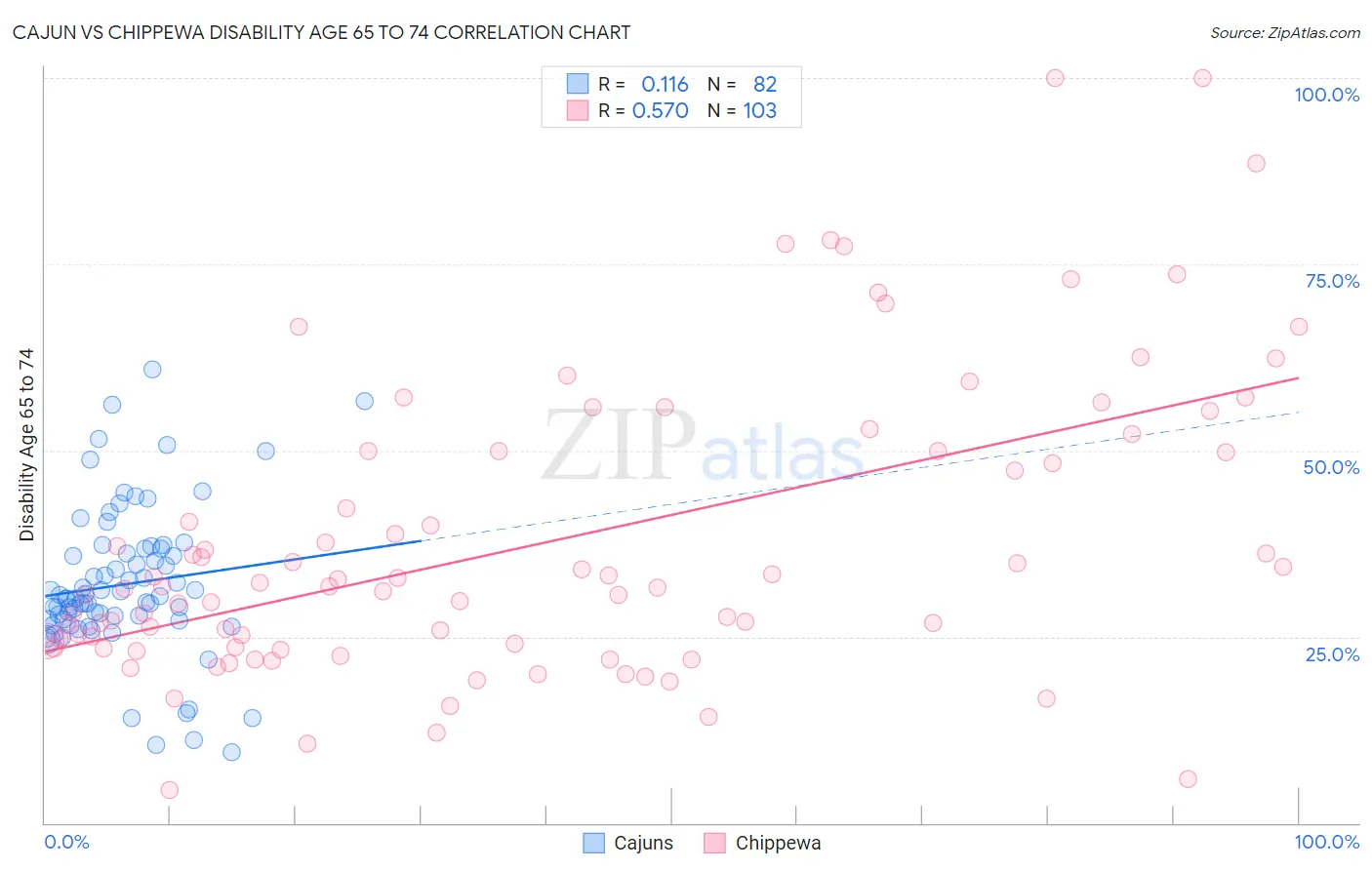 Cajun vs Chippewa Disability Age 65 to 74