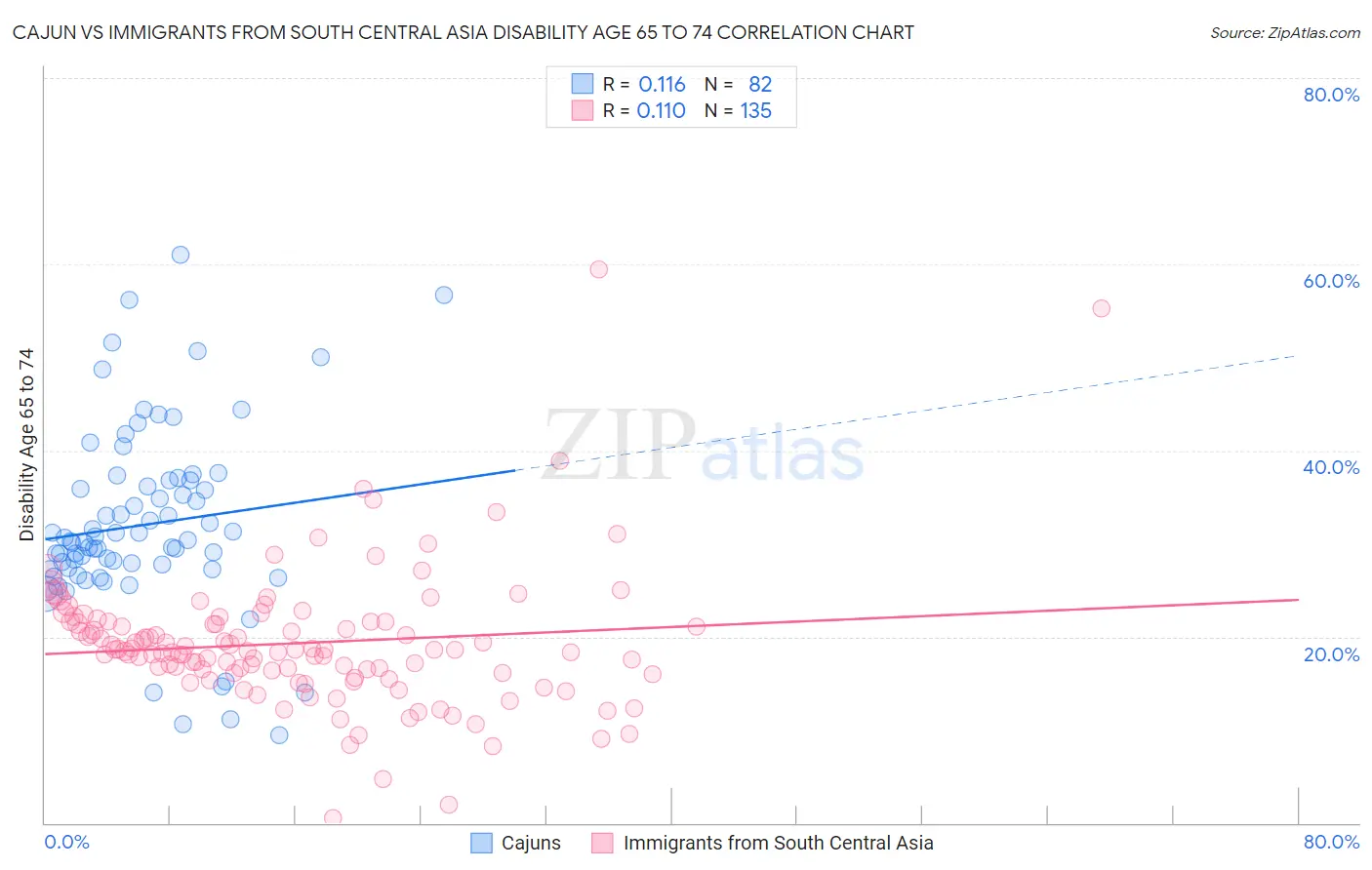 Cajun vs Immigrants from South Central Asia Disability Age 65 to 74