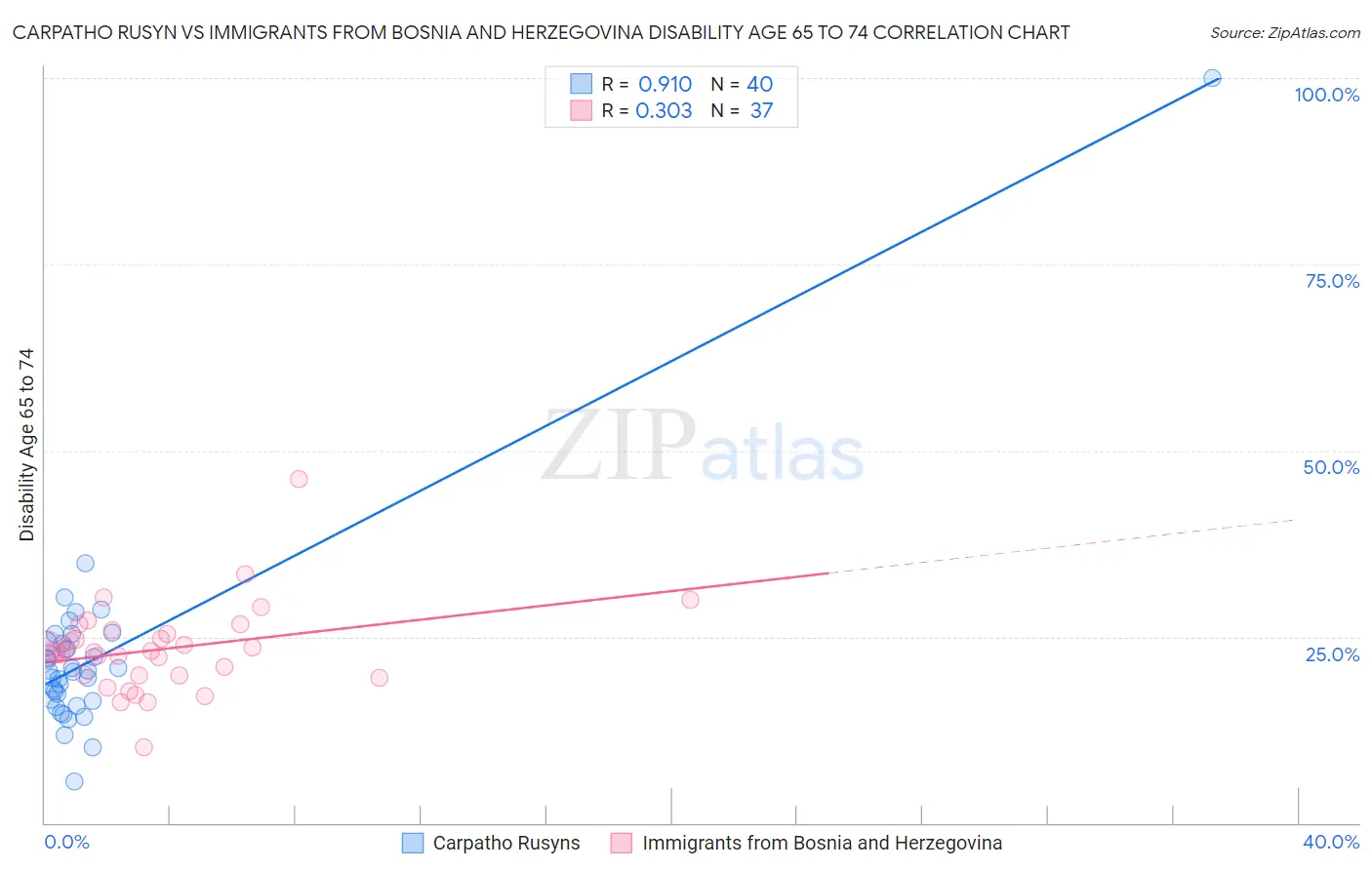 Carpatho Rusyn vs Immigrants from Bosnia and Herzegovina Disability Age 65 to 74