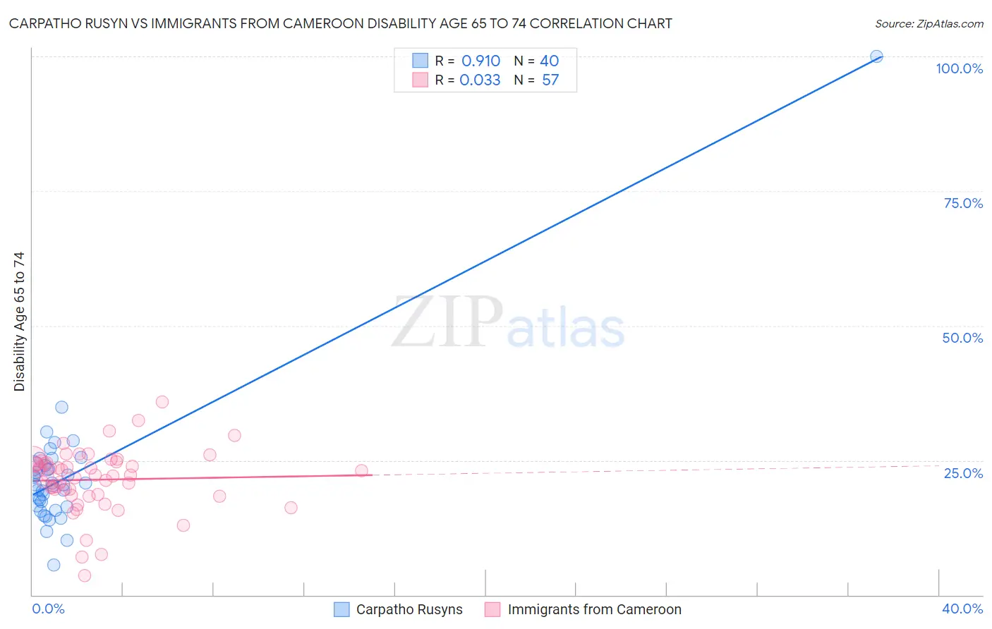 Carpatho Rusyn vs Immigrants from Cameroon Disability Age 65 to 74