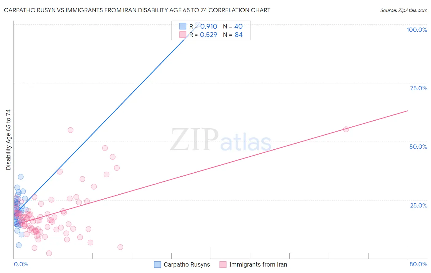 Carpatho Rusyn vs Immigrants from Iran Disability Age 65 to 74