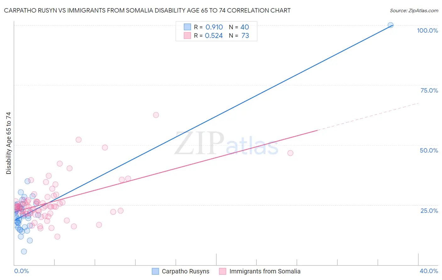 Carpatho Rusyn vs Immigrants from Somalia Disability Age 65 to 74