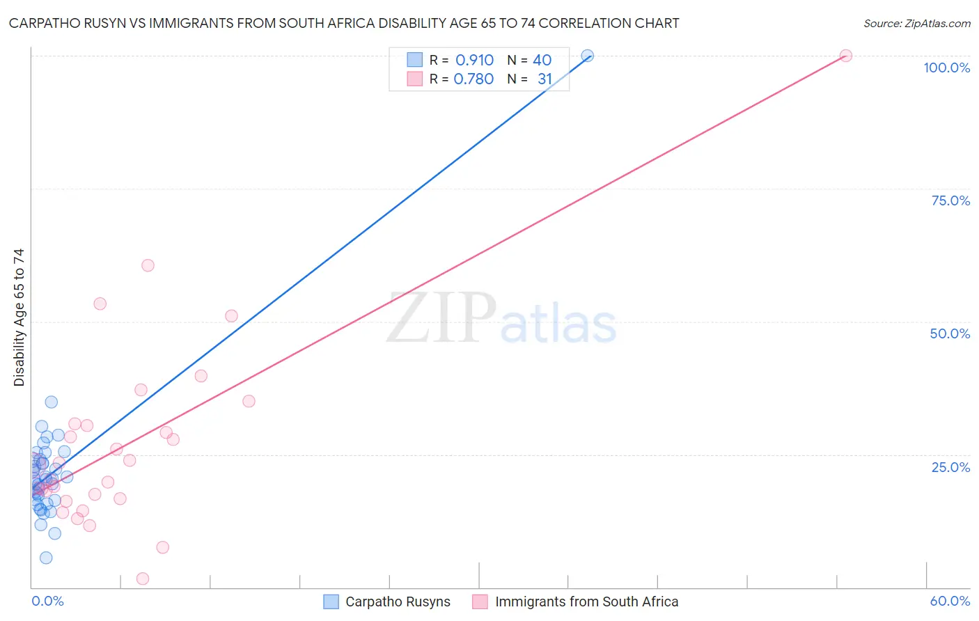 Carpatho Rusyn vs Immigrants from South Africa Disability Age 65 to 74