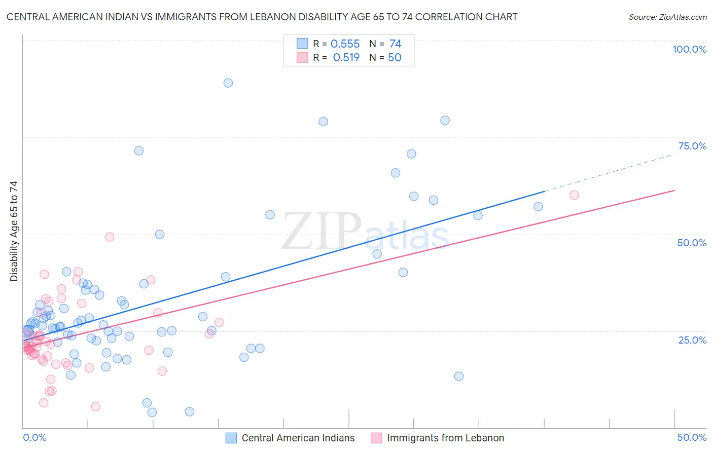 Central American Indian vs Immigrants from Lebanon Disability Age 65 to 74