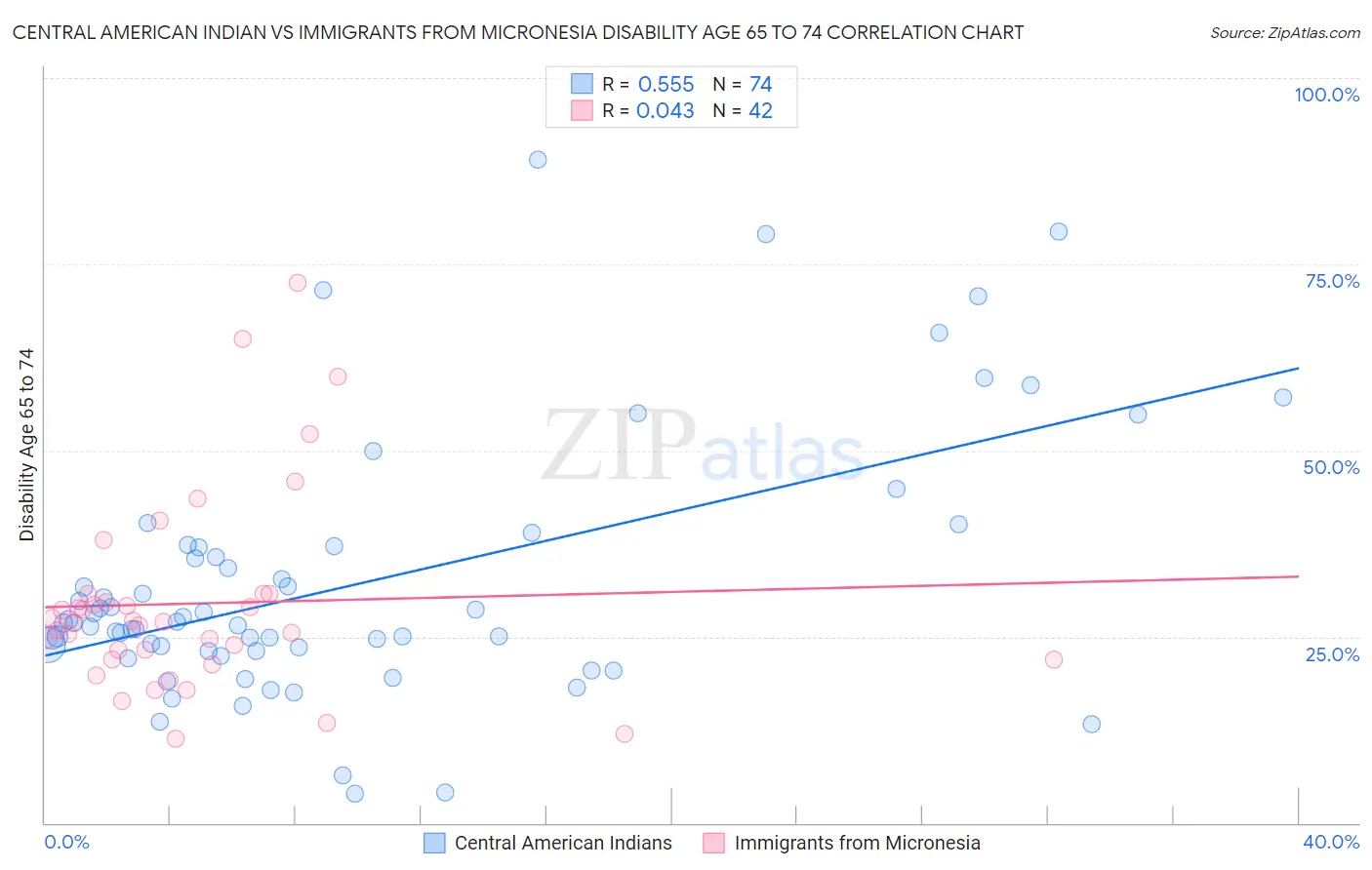 Central American Indian vs Immigrants from Micronesia Disability Age 65 to 74
