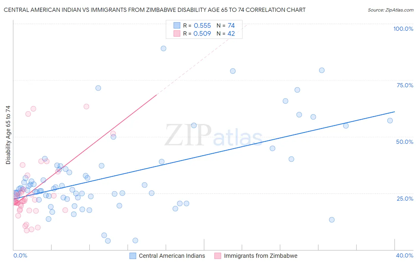 Central American Indian vs Immigrants from Zimbabwe Disability Age 65 to 74