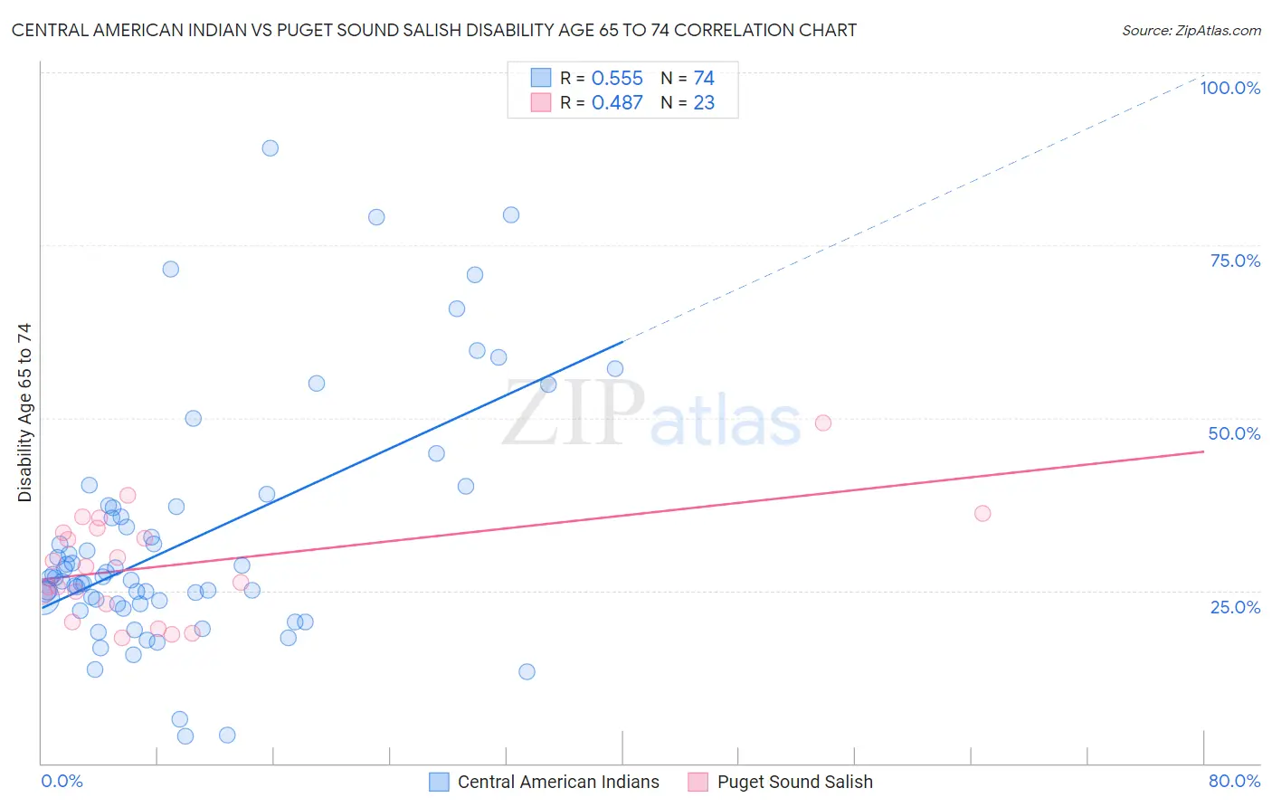 Central American Indian vs Puget Sound Salish Disability Age 65 to 74