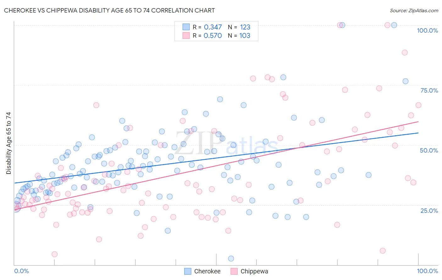 Cherokee vs Chippewa Disability Age 65 to 74