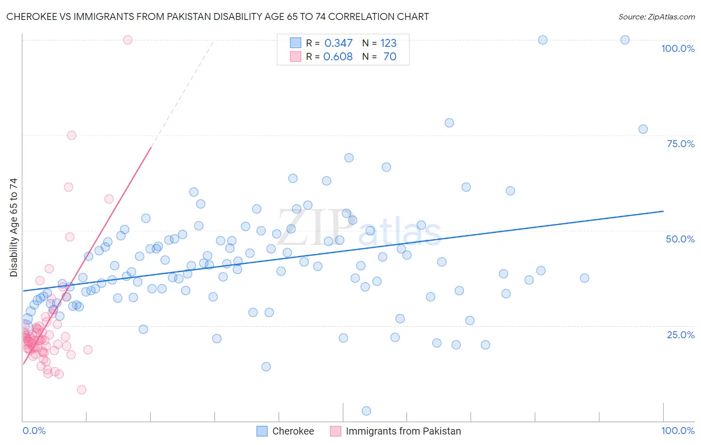 Cherokee vs Immigrants from Pakistan Disability Age 65 to 74