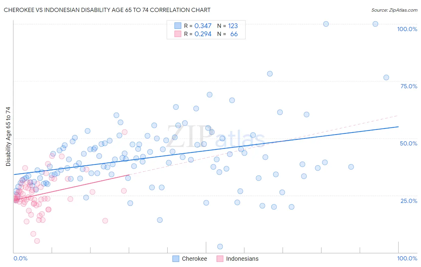 Cherokee vs Indonesian Disability Age 65 to 74