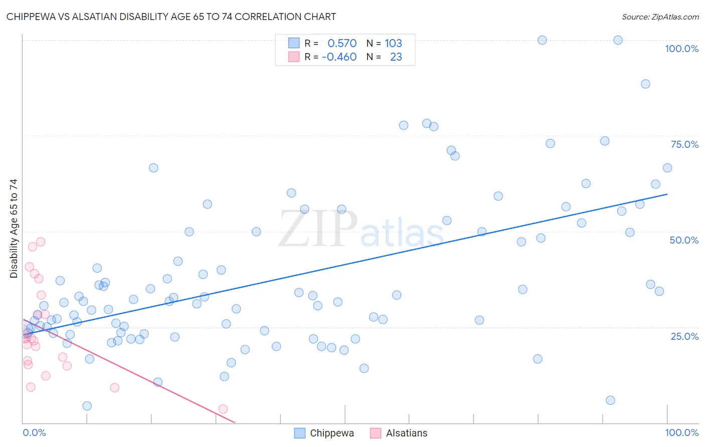 Chippewa vs Alsatian Disability Age 65 to 74