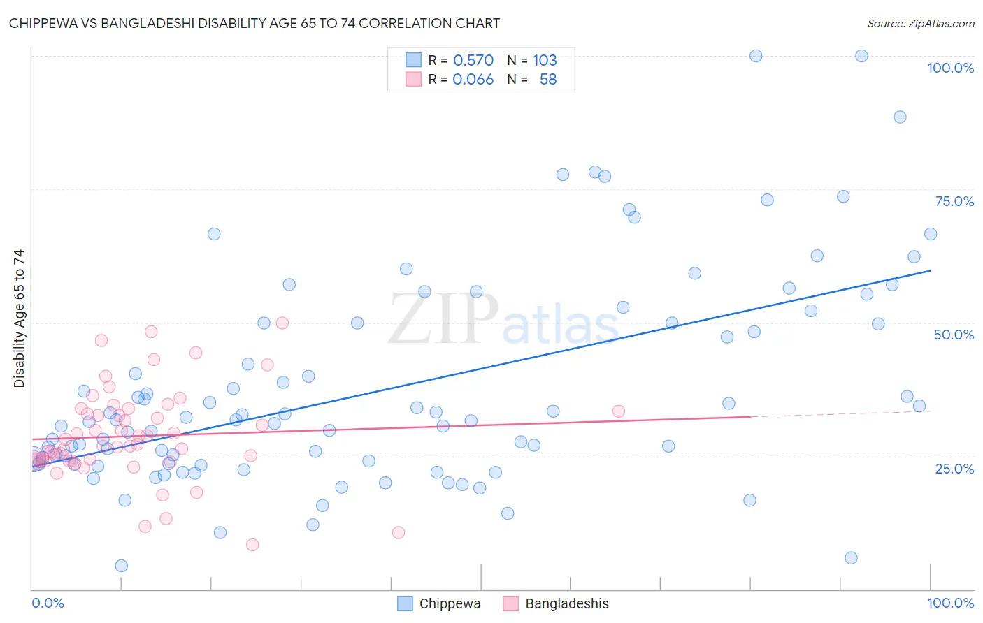 Chippewa vs Bangladeshi Disability Age 65 to 74