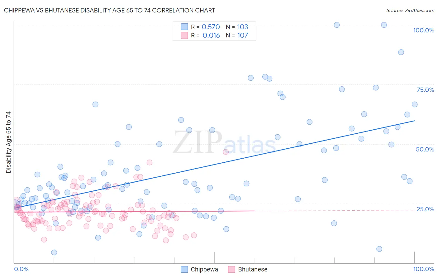 Chippewa vs Bhutanese Disability Age 65 to 74