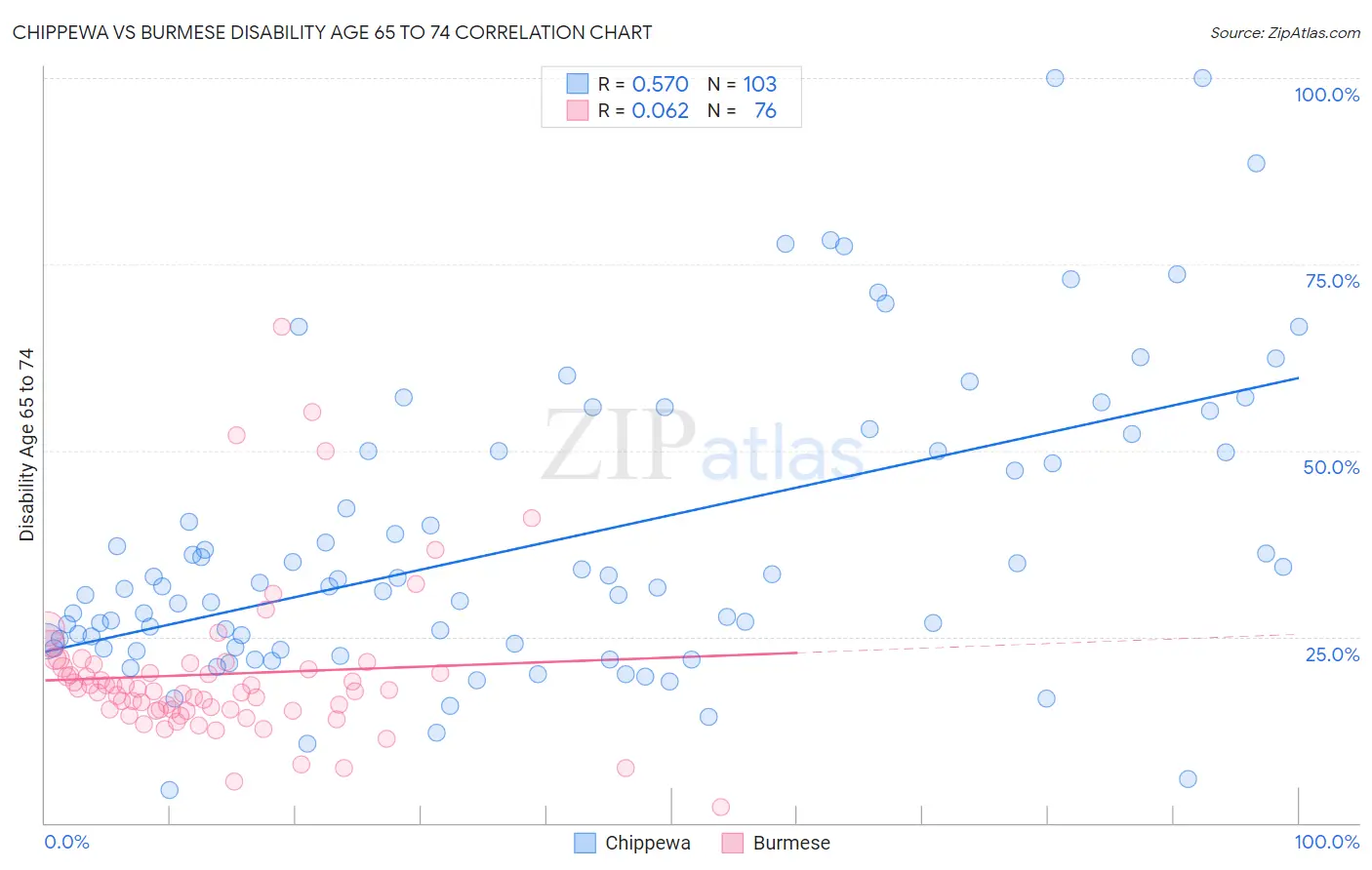 Chippewa vs Burmese Disability Age 65 to 74