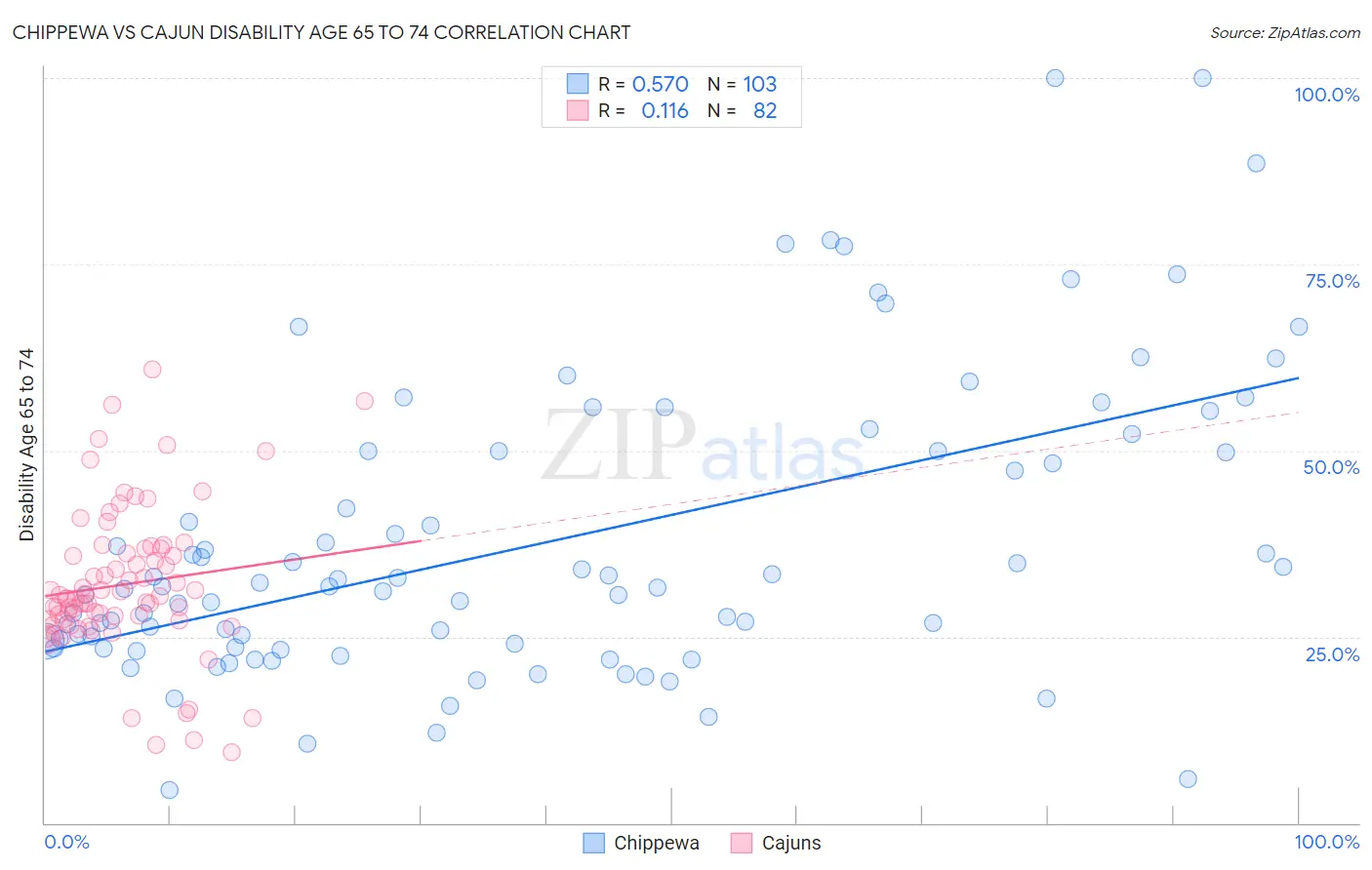 Chippewa vs Cajun Disability Age 65 to 74