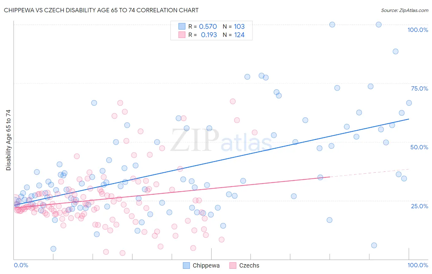 Chippewa vs Czech Disability Age 65 to 74