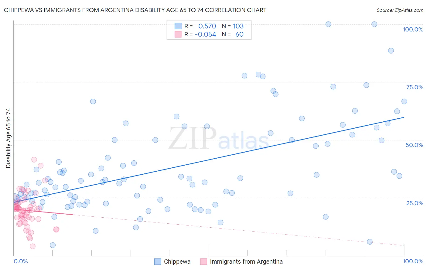 Chippewa vs Immigrants from Argentina Disability Age 65 to 74