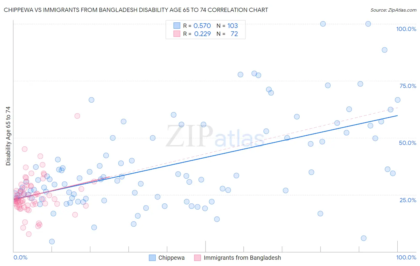 Chippewa vs Immigrants from Bangladesh Disability Age 65 to 74