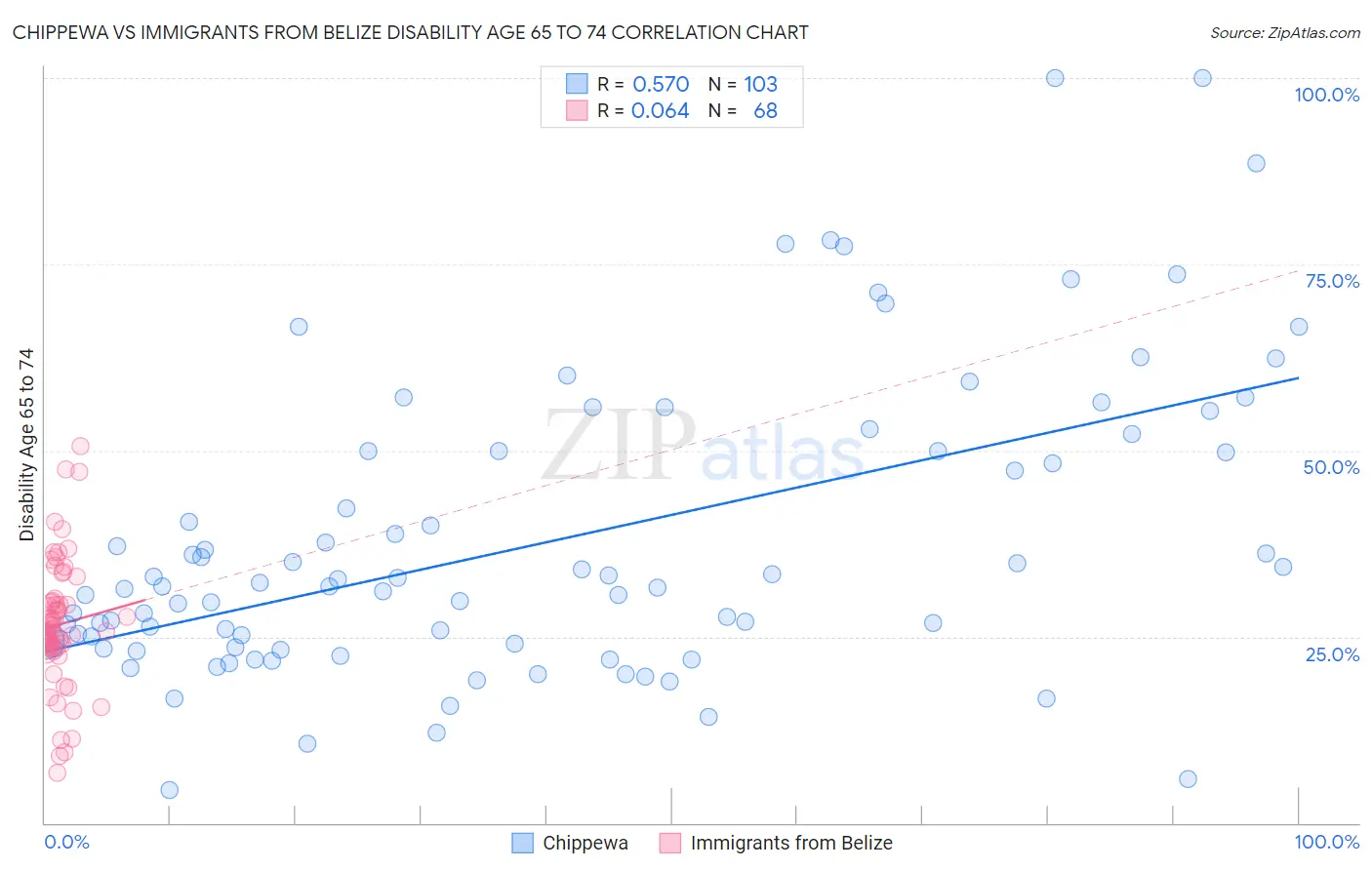 Chippewa vs Immigrants from Belize Disability Age 65 to 74