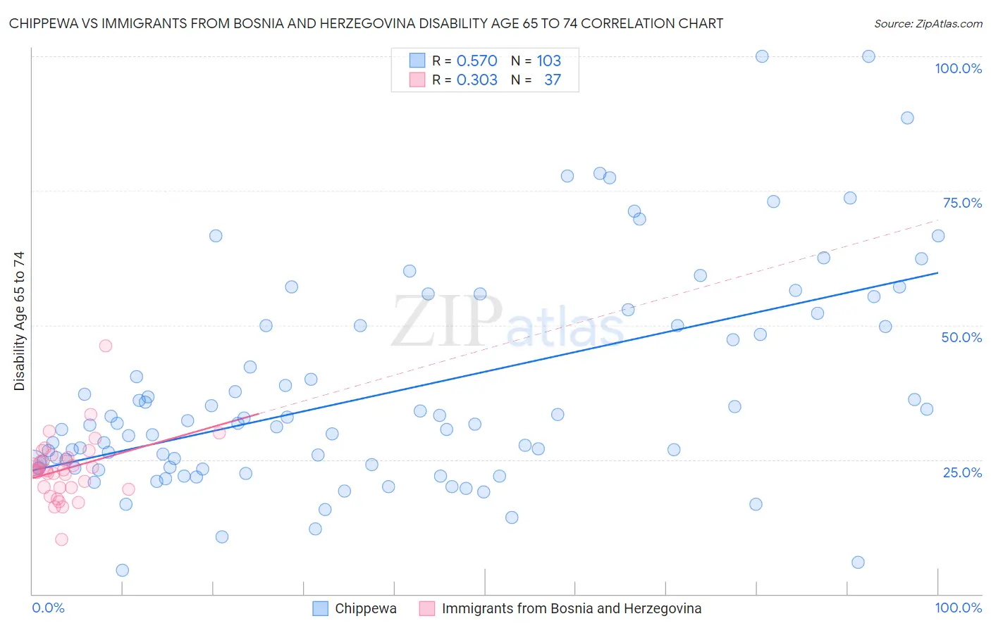 Chippewa vs Immigrants from Bosnia and Herzegovina Disability Age 65 to 74