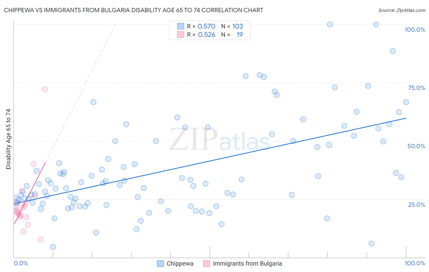 Chippewa vs Immigrants from Bulgaria Disability Age 65 to 74